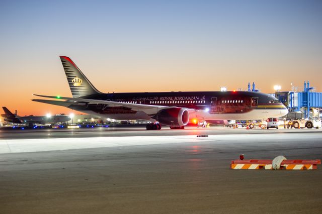 Boeing 787-8 (JY-BAH) - RJ268 pushing back for its twice weekly flight to Amman via Montreal. JY-BAH has a sticker applied to promote the city of Petra Jordan.