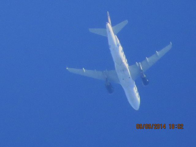 Airbus A319 (N947FR) - Frontier flight 226 from DEN to Branson Mo over Baxter Springs Kansas (78KS) at 21,000 feet.