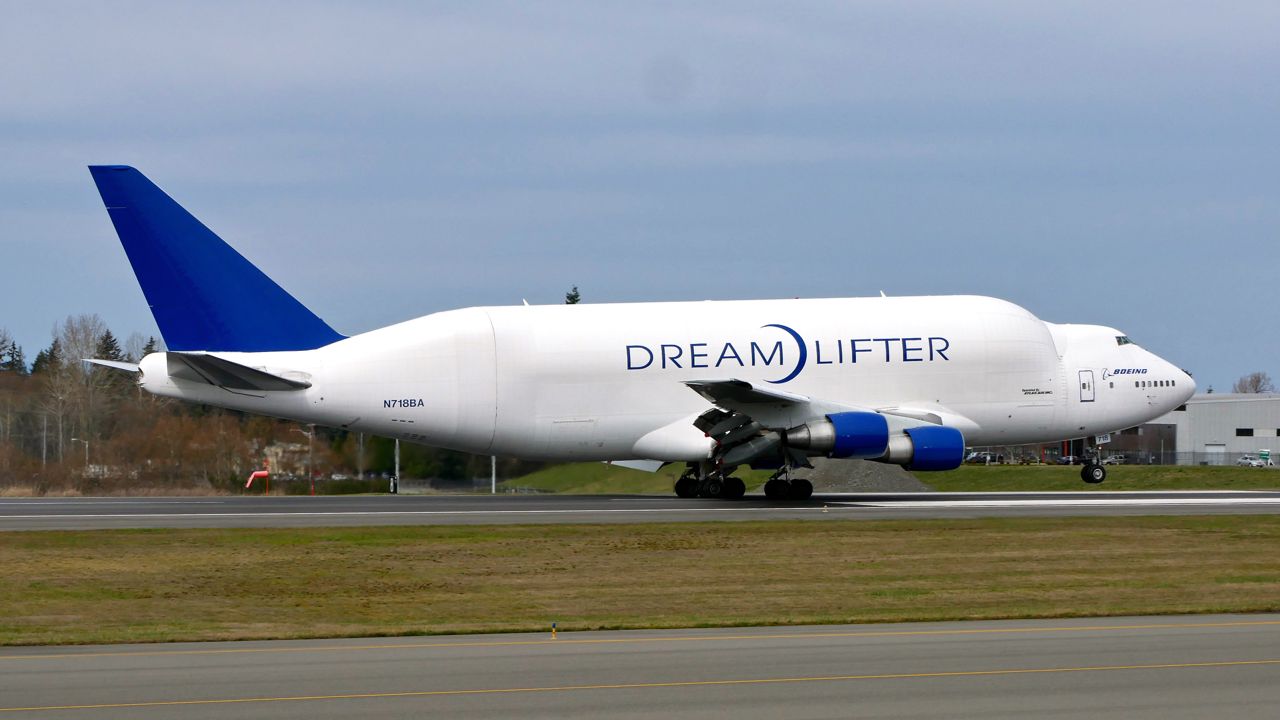 Boeing Dreamlifter (N718BA) - GTI4136 from NGO / RJGG lands on Rwy 34L on 3.25.19. (B747-4H6(BLCF) / ln 932 / cn 27042).