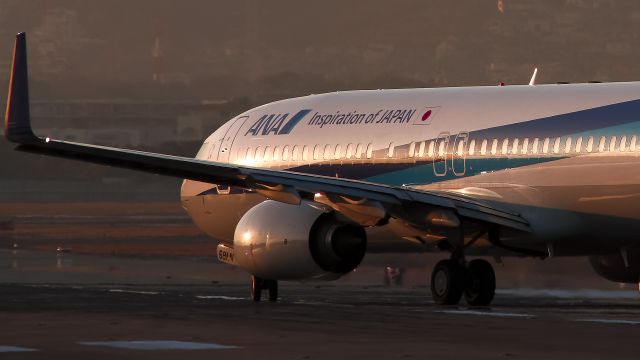 Boeing 737-800 (JA68AN) - B-738 to be illuminated in the sunset of 32R runway .