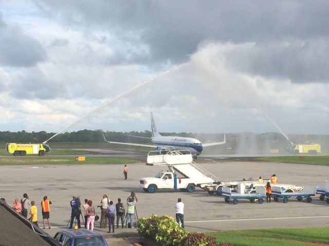 Boeing 737-800 (N276EA) - Eastern Airlines receives a warm welcome into Guyanas Cheddi Jagan Intl. Airport