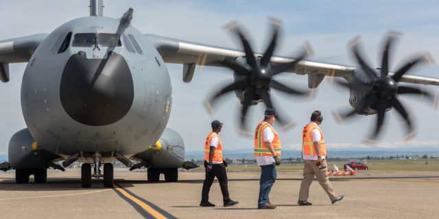 F-RBAF — - Armee de lAir (French Air Force) Airbus Military A400M Atlas at Mather Field for 2017 US tour of Patrouille de France tour. Airdales Air Show Operations members in the foreground. Photo credit markeloper.com Aviation Photography