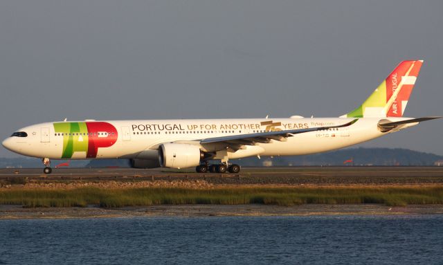 Airbus A330-900 (CS-TUD) - TAP A339 with 'Up for another 75 years' markings on the left side of the aircraft departing BOS on 8/11/21.