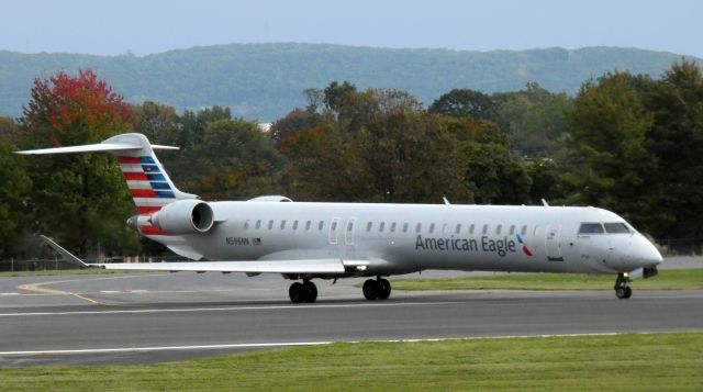 Canadair Regional Jet CRJ-900 (N596NN) - Turning on the active runway for departure is this 2016 American Airlines Eagle Canadair Regional Jet 900LR in the Autumn of 2020.