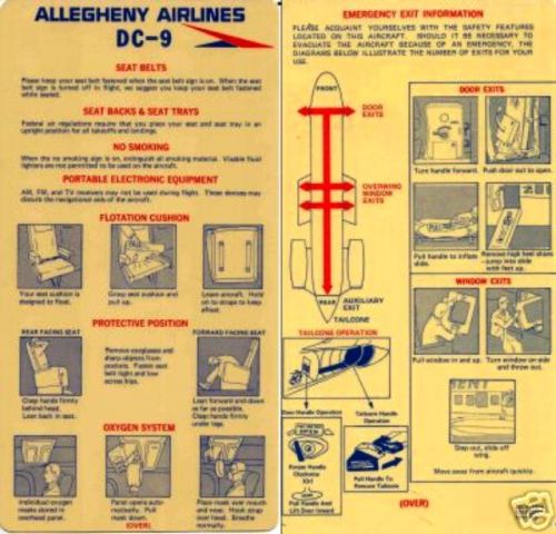 Douglas DC-9-10 — - This is a very old Allegheny Airlines DC-9 Plastic Evac Card from July, 1974 in very very good condition.