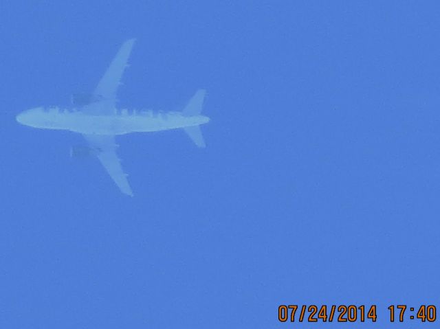 Airbus A319 (N928FR) - Frontier flight 800 from Denver to Memphis over Baxter Springs KS (78KS) at 39k feet.