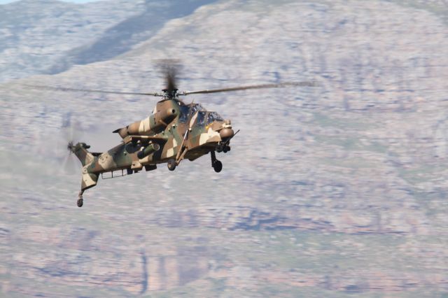 — — - South African Air Force Rooivalk attack helicopter. Designed and built in South Africa.