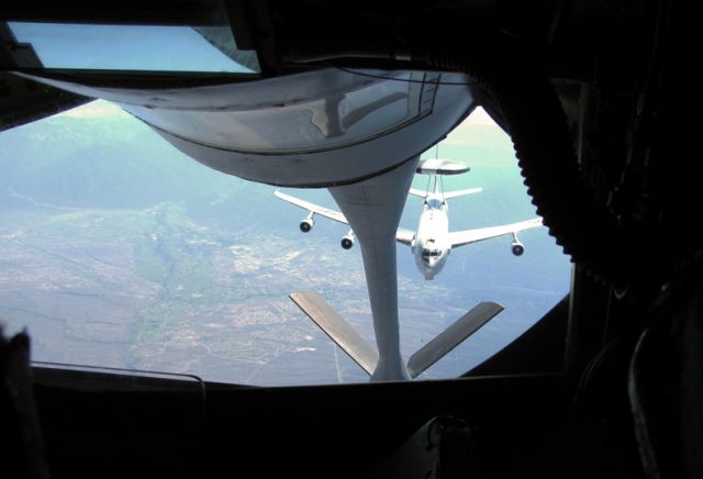 — — - KC-135 and E-3 preparing for arial refuel.  As seen from the boom operators position.