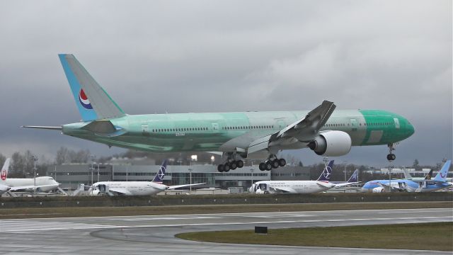 BOEING 777-300 (HL8274) - BOE956 on short final to runway 16R to complete its maiden flight on 2/9/13. (LN:1081br / c/n 41998).