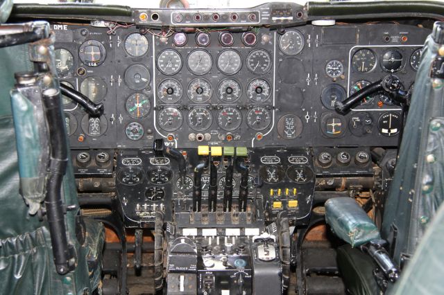 — — - Flightdeck of a Bristol Britannia. On display at Duxford Airport.