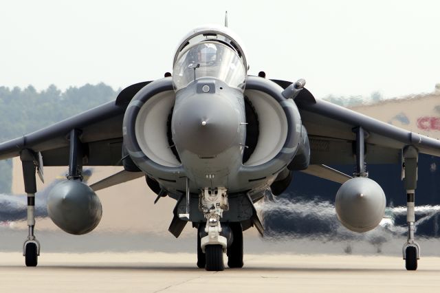 Boeing Harrier (16-4567) - Wingman to the commander's bird CG-01, CG-07 was last of a group of 8 transients on their way to the west coast for training. Subsequently, this bird would shut-down and spend the night due to mechanical issues with CG-01. The next day a C-130 with parts and mechanic(s) arrived and solved the problem fairly quickly. Note the LITENING targeting pod on centerline. Thank you to Art, for the up-close and personal! AV-8B Harrier II+. Sept 11, 2013