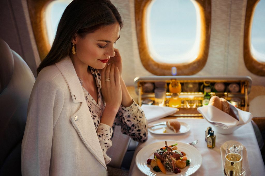 — — - Because you want comfort in every time zone, savor fine dining served around your schedule. Fly Emirates First and experience the ultimate escape.