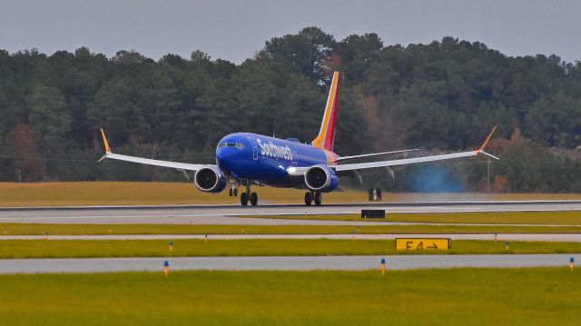 Boeing 737 MAX 8 (N8708Q) - First 737-MAX landing on 23R at KRDU at 16:37 on 11/18/2017.  Spotted from ramp in front of RDU observation deck.