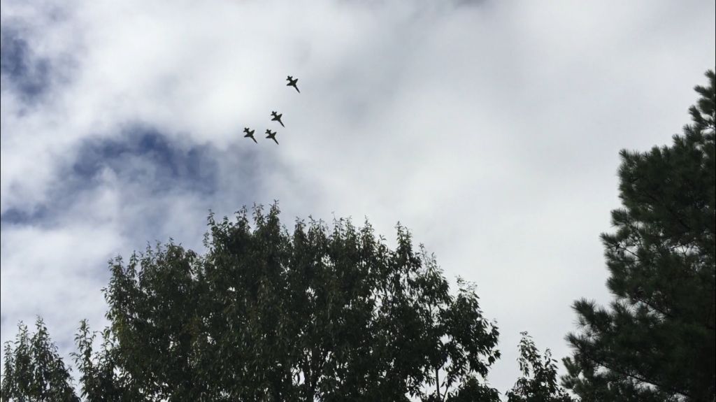 — — - Fighter jets in holding pattern over Matthews, NC 11/04/2018 just before Carolina Panthers games flyover.