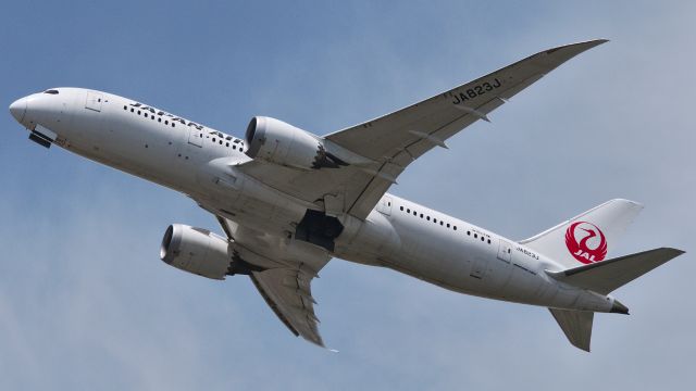 Boeing 787-8 (JA823J) - Climbing out over Liberty Station during a SoCal heat wave. 07 July 2018