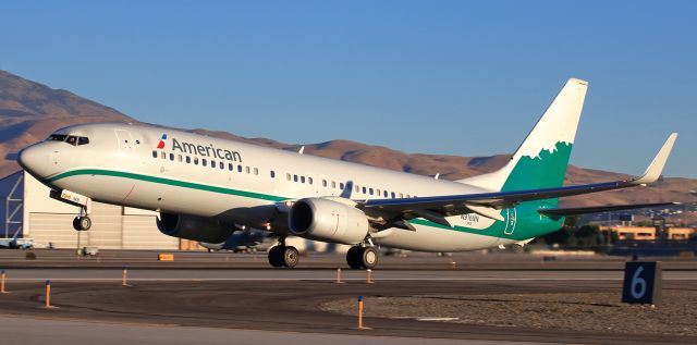 Boeing 737-800 (N916NN) - Yesterday was, without a doubt, the most wonderful day of spotting at RNO that I have had in a very looooong time.  One of many highlights was being able to "set up camp" on Lima taxiway between the "hold" lines for the parallel runways 16R-34L and 16L-34R.  This capture of N916NN, AALs Reno Air heritage livery fleetbird, as it was rotating away from 16R directly in front of me during its 6:30 AM departure for DFW, was one of several outstanding moments of a fabulous (and very long ... 5:45 AM to 7:00 PM) spotting day.br /Yesterdays visit by N916NN was just the second time that the Reno Air heritage livery has been seen here at RNO since it was unveiled back in November of last year.  The single previous visit was a later-evening arrival during a snowstorm, and it departed prior to dawn of the next morning so almost no one had a chance to see it on that occasion.  I did get a click of that first appearance (photo is posted in my FA gallery folder), but the shot certainly wasnt a very good one.  Yesterday, I did far better.  An up-close on-ramp tour came first as the flight was being prepped for departure, and then I was positioned between the parallels to catch a fantastic series as it came directly toward, past, and away from me while taking off.  And the day just kept getting better: the TWA heritage livery, making its second visit this month and only its third visit since taking to the skies, was the first AAL arrival here just a couple hours after this one departed.