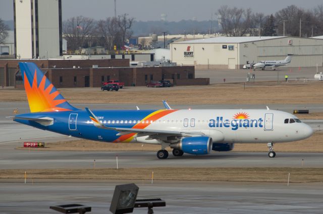 Airbus A320 (N250NV) - Allegiant 532 is taxing out for his regularly scheduled departure out to Phoenix Mesa Gateway at 11:10 AM. Photo taken December 23, 2019 with Nikon D3200 at 220mm.