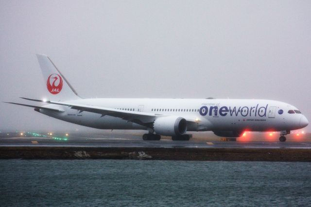 Boeing 787-9 Dreamliner (JA861J) - Japan Airlines B789 (JA861J) now in One World livery arrived to a rainy/foggy Boston Logan Airport from Tokyo on 3/24/22.