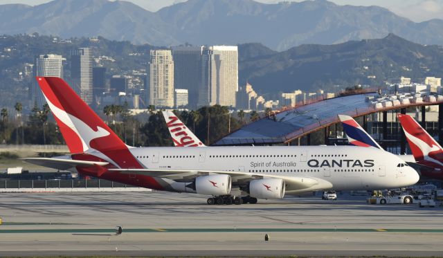 Airbus A380-800 (VH-OQK) - Getting pushed back from gate at LAX