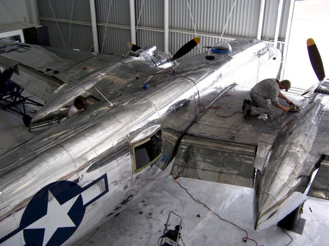 North American TB-25 Mitchell (N25GL) - B-25 "Guardian of Freedom getting shined up.