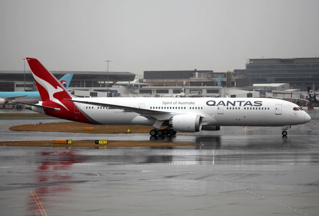 Boeing 787-9 Dreamliner (VH-ZNA) - "Great Southern Land" Taxi-ing To Qantas Hangar 96 For Official Welcome On A wet Sydney Morning Oct 20 2017