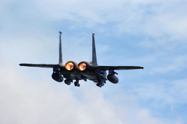 McDonnell Douglas F-15 Eagle (AFR87208) - Departing for Mountain Home AFB Idaho (389th Fighter Squadron F-15E) ....low and "on the deck" runway heading 36 Austin Straubel Field. 