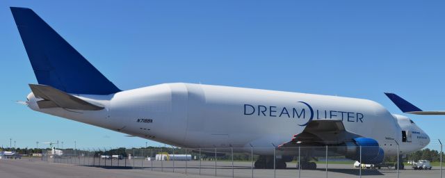 Boeing Dreamlifter (N718BA) - Boeing DreamLifter on the Tarmac of Griffiss International Airport during 3 week visit for servicing at Premier Aviation Services in September 2013