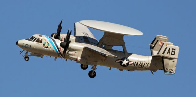 Grumman E-2 Hawkeye (16-8275) - This first FA gallery post of 168275, the VAW-126 "Seahawks" CAG colorbird (Carrier Airborne Early Warning Squadron One Twenty-Six ... Naval Station Norfolk /  Carrier Air Wing One ... USS Harry S. Truman ... CVN-75) catches this brand new E-2D Advanced Hawkeye completing a tight left break 360 as it is about to land at NAS Fallon at the end of a lengthy late afternoon training exercise.  