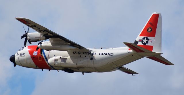 Lockheed C-130 Hercules (2005) - Photo #2 of a HC-130J of the Coast Guard (Elizabeth City, NC base) departing RDU for ILM, with disaster relief and personnel onboard to reach Wilmington, NC, after the destruction wrought by Hurricane Florence. Wilmington is now only accessible via air; all roads and highways are flooded as of 9/17/18.