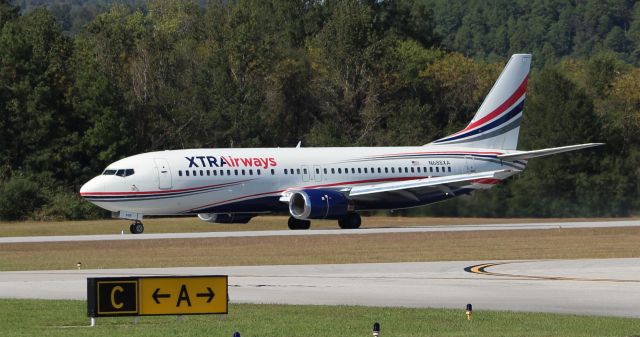 BOEING 737-400 (N688XA) - An XTRA Airways Boeing 737-4Y0, carrying the Jacksonville State University football team to Central Washington, beginning its takeoff roll down Runway 23 at Anniston Regional Airport, AL - October 20, 2017.