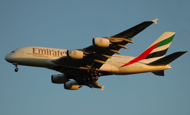 Airbus A380-800 (A6-EEP) - EK435 arriving from Auckland. The sunset provides beautiful lighting!