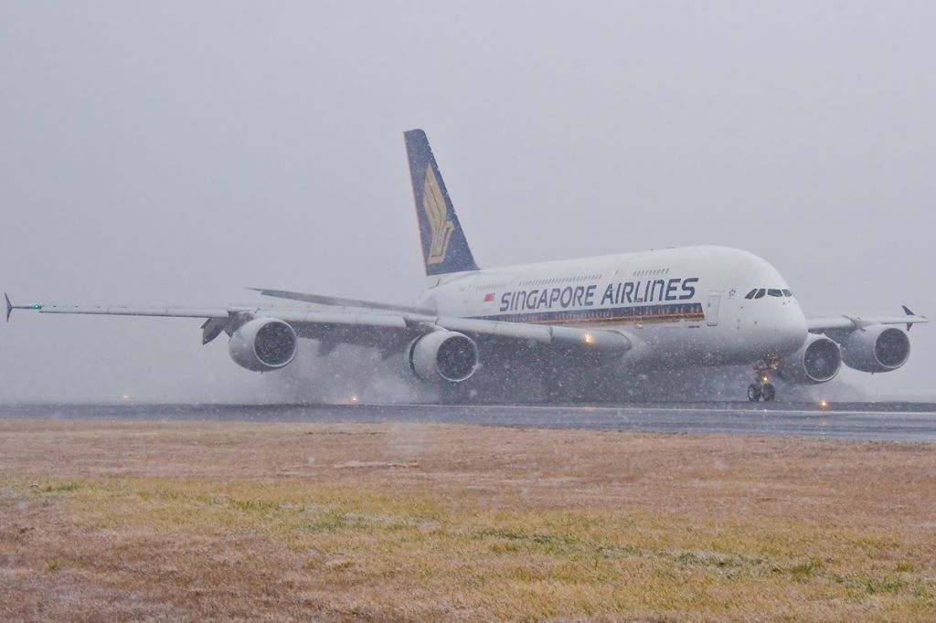 Airbus A380-800 (9V-SKM) - Diversion from JFK. SIA26 SUPER shown here arriving on 33L in the snowbr /@ KBOS Logan Airport on FlightAware.Com !