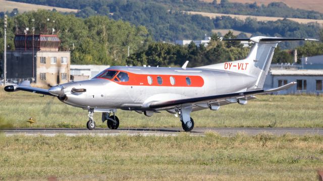 Pilatus PC-12 (OY-VLT) - OY-VLT beginning its takeoff roll on Letisko Piestany's runway 01 