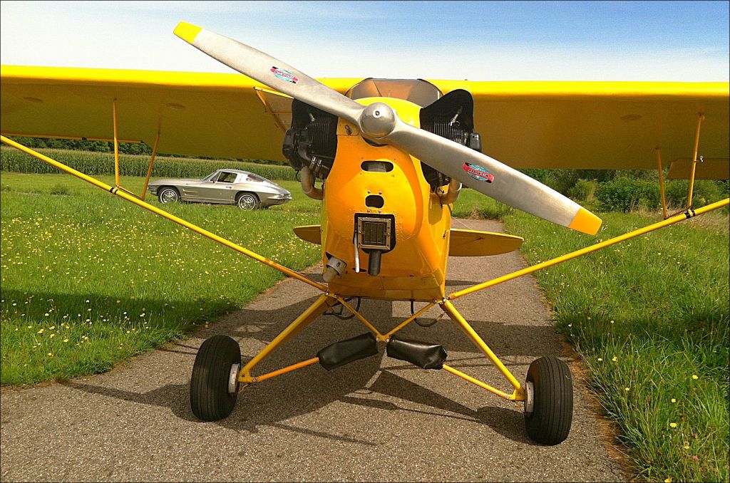 Piper NE Cub (N58029) - Our 1963 Corvette Split Window Coupe framed by the struts of our 1945 Piper J-3 Cub at the Woodstock, CT Airport.