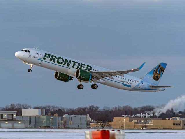 Airbus A321neo (N620FR) - Meet Tico the Two-Toed Sloth, a Frontier Airlines Airbus A321neo, FFT3916, departing KCLE in the golden hour, bound for, Orlando Intl - KMCO on Friday, 24 Jan 2025.