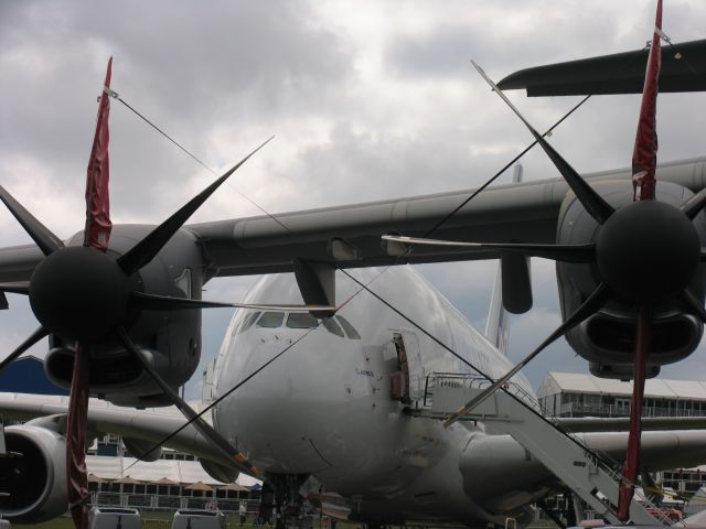 Airbus A380-800 — - Farnborough Airshow 2012-Engines of Airbus A400m with A380 in the background