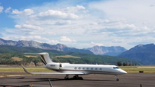 Gulfstream Aerospace Gulfstream V (N56UH) - From the parking lot at Telluride, CO 7/19/2018.  Facing South.  Zoomed out to show more of the local mountains.