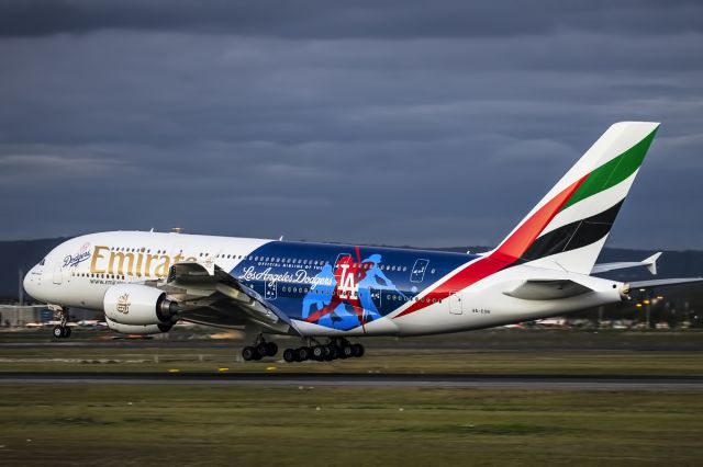 Airbus A380-800 (A6-EON) - Emirates with LA Dodgers scheme visiting Perth Western Australia