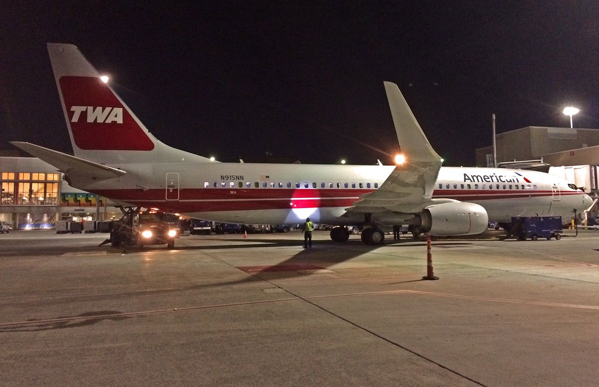 Boeing 737-800 (N915NN) - TWA Retro night shot @ KBOS Logan 1st visit 11/24/2015