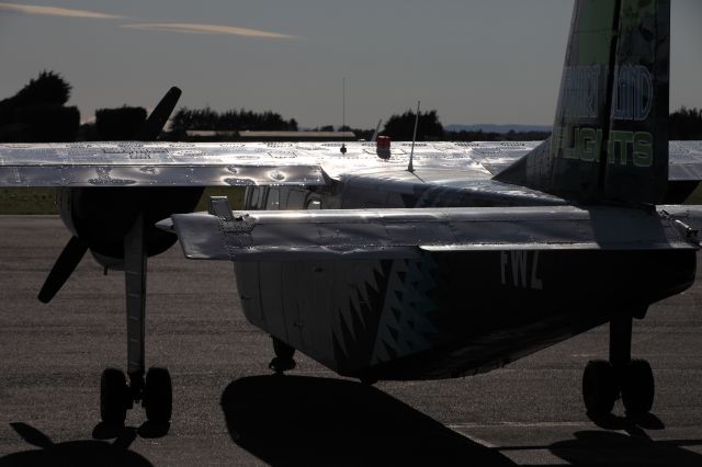 ZK-FWZ — - Stewart Island Flights Britten-Norman BN-2 Islander waits at Invercargill Aiport for its next trip over to Stewart island, usually about 20 min trip.