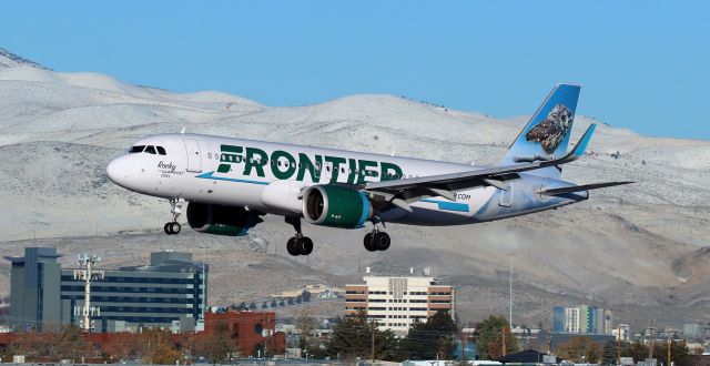 Airbus A320neo (N389FR) - "Rocky, the Saw-Whet Owl," just passing over the 17R numbers as it arrives from downstate (KLAS).