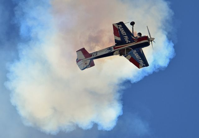 Beechcraft Super King Air 200 (N5MS) - Carl Liepold is, for a moment, riding his Yakovlev 55M rather than flying it as he falls back into his own smoke after a vertical climb during the 2015 Hollister Airshow.