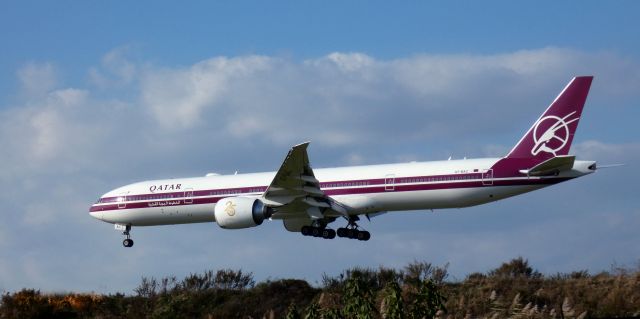 BOEING 777-300ER (A7-BAC) - About to touch down is this 2008 Qatar Airways Boeing 777-3DZ (ER) sporting the 25th Anniversary Livery in the Autumn of 2023.