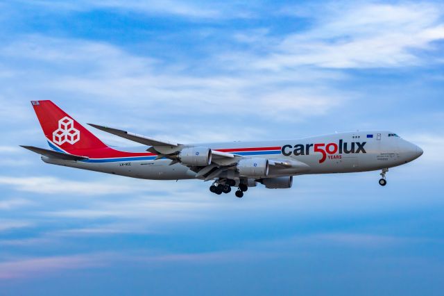 BOEING 747-8 (LX-VCC) - Cargolux 747-8 in Cargolux 50th special livery landing at DFW on 12/21/22. Taken with a Canon R7 and Tamron 70-200 G2 lens.