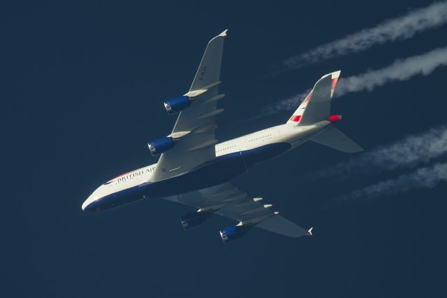 Airbus A380-800 (G-XLEK) - 25 March 2017 G-XLEK passes overhead lancashire UK at 36,000ft working route LHR-SFO.br /Photo taken from the ground. Pentax K-5.