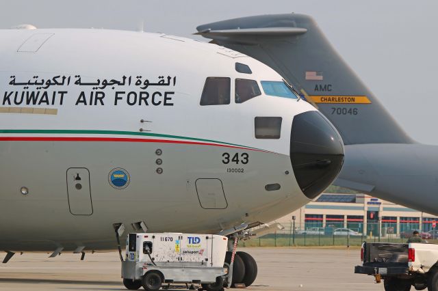 Boeing Globemaster III (KAF343) - KAF343, a Boeing C-17A Globemaster III, tail #13-0002, c/n F-266, of the Kuwait Air Force seen on Pad-3 at KCLE on 4 Sept 2017 along with a USAF C-17A Globemaster III, tail #97-0046, c/n P-46. 