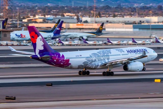 Airbus A330-200 (N370HA) - A Hawaiian Airlines A330-200 taking off from PHX on 2/6/23. Taken with a Canon R7 and Tamron 70-200 G2 lens.