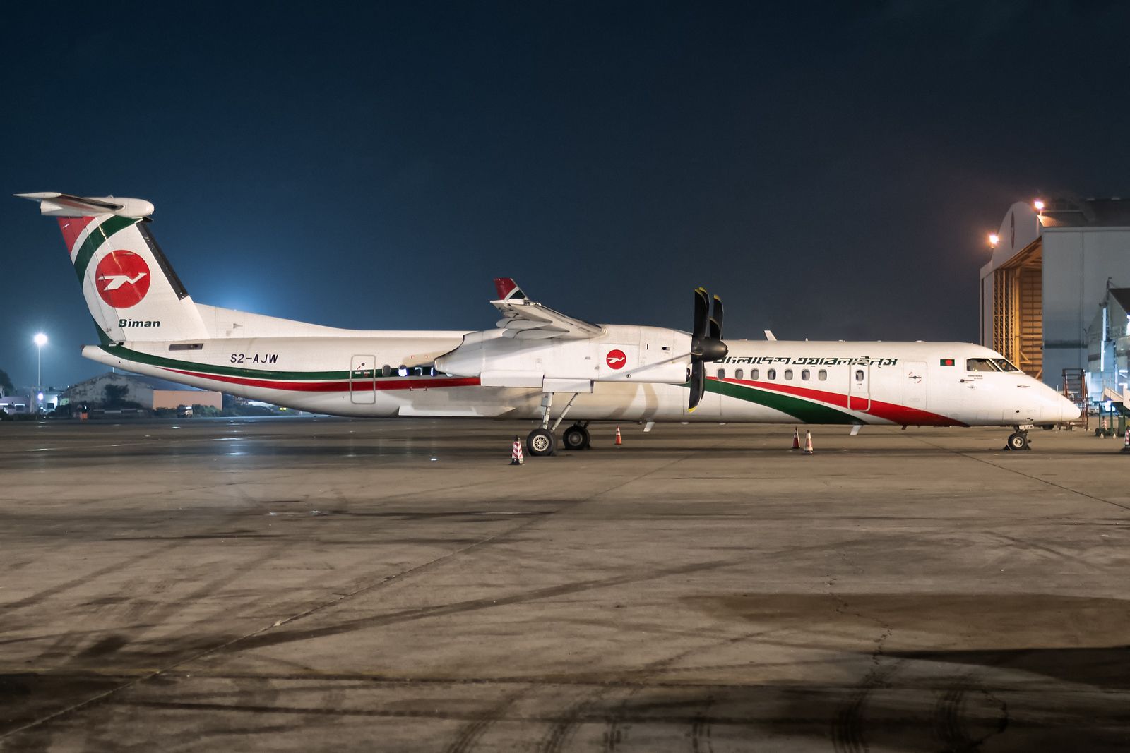 de Havilland Dash 8-400 (S2-AJW) - 19th June, 2025: Parked on the apron at Dhaka's Zia International Airport after operating her last flight of the day - BG 396 from Kolkata's Netaji Subhash Chandra Bose International Airport. 
