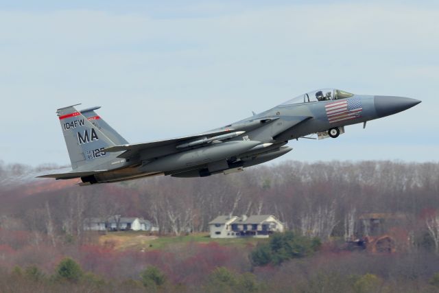 McDonnell Douglas F-15 Eagle (85-0125) - 'SLAM' flight X 2 launching out of Barnes. The 'SLAM' unit is on 24/7 Aerospace Control Alert. The 24/7 Alert unit is fully armed and must be ready to scramble in a moment's notice to protect the Northeast from any airborne threat.