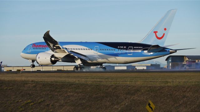 Boeing 787-8 (G-TUID) - BOE320 landing on Rwy 34L during flight testing on 8/13/13. (LN:106 cn 36424).